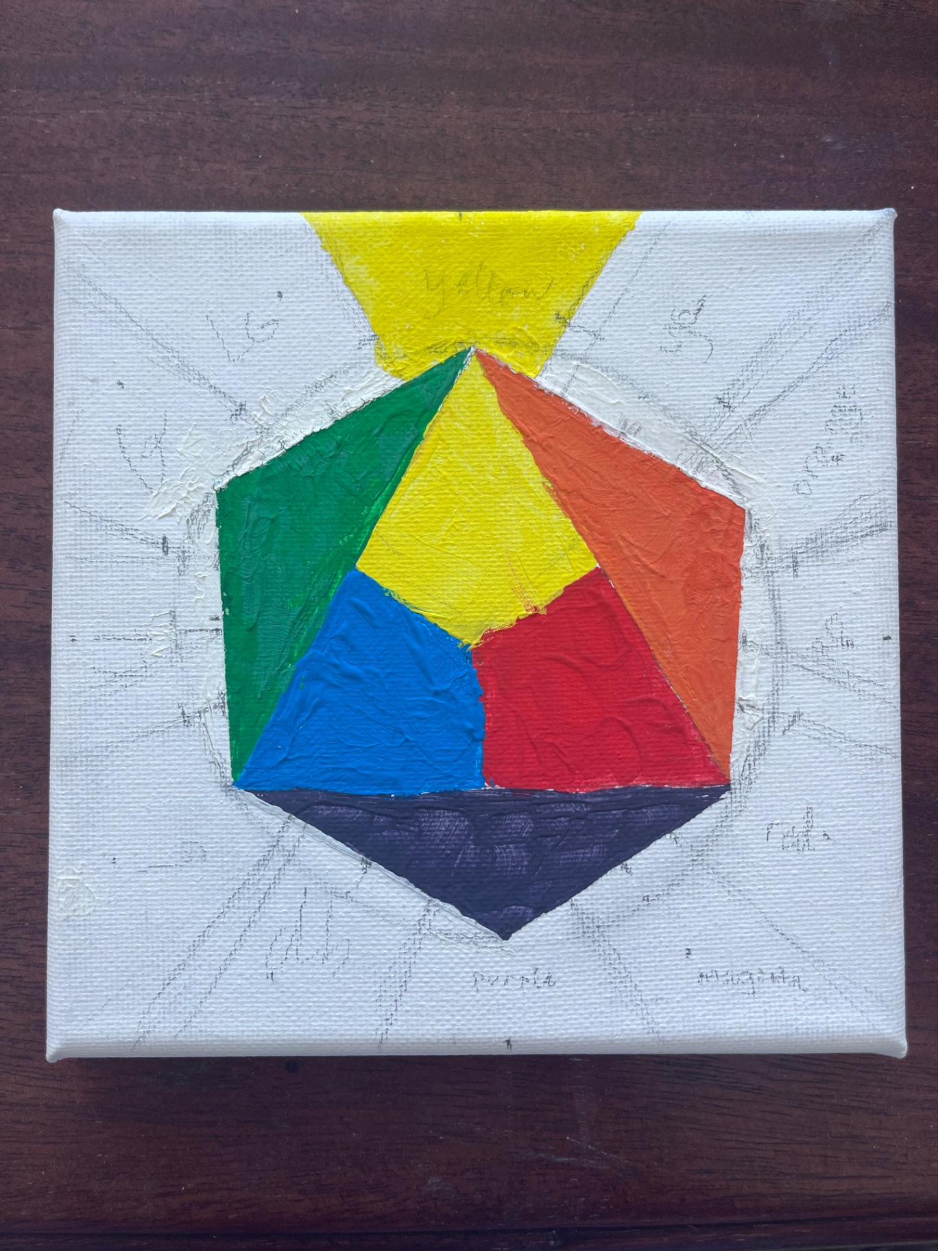 Small canvas colour wheel painted in primary and secondary colours