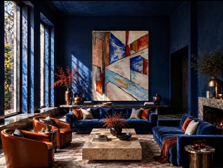 A painting by Brigitta van Bilderbeek installed in a deep blue interior