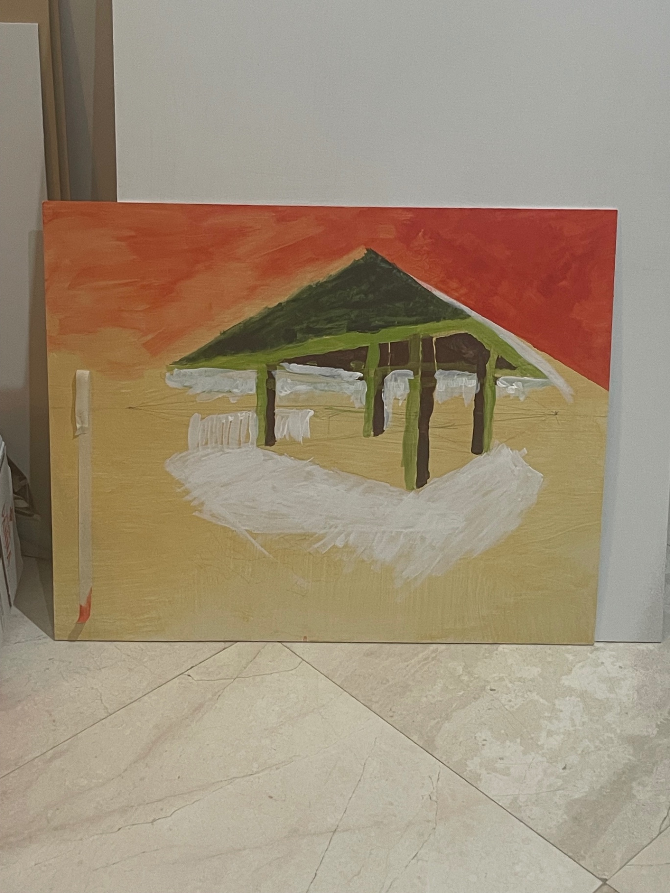 Finished painting of a green pavilion against an orange sky