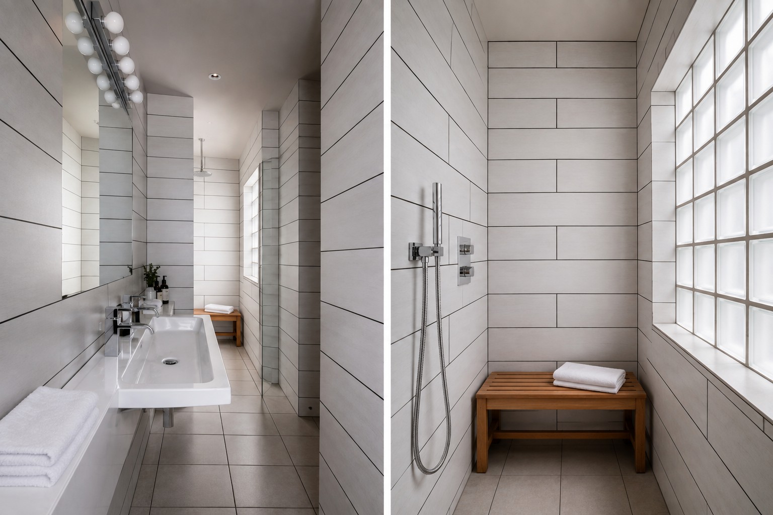 A long narrow bathroom lined with plank-like tiles