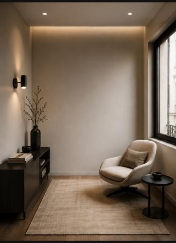 A narrow room with a blank wall