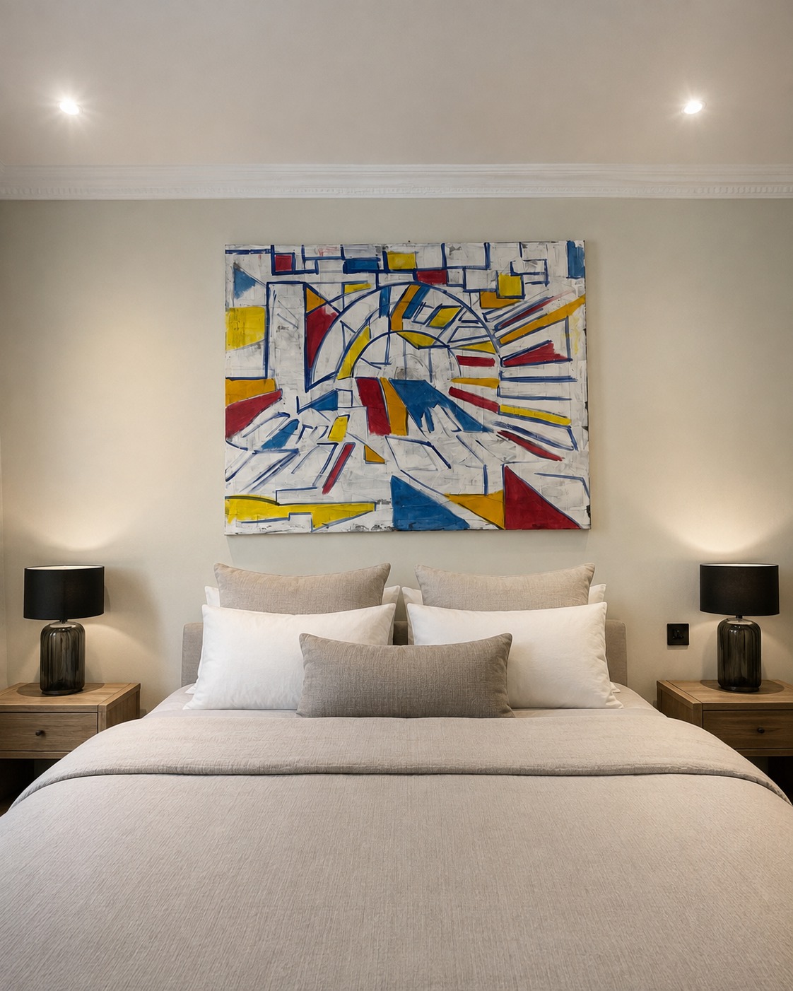 A primary-coloured geometric painting above a bed