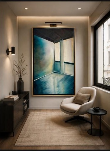 The same room with a large perspective painting hung on the wall