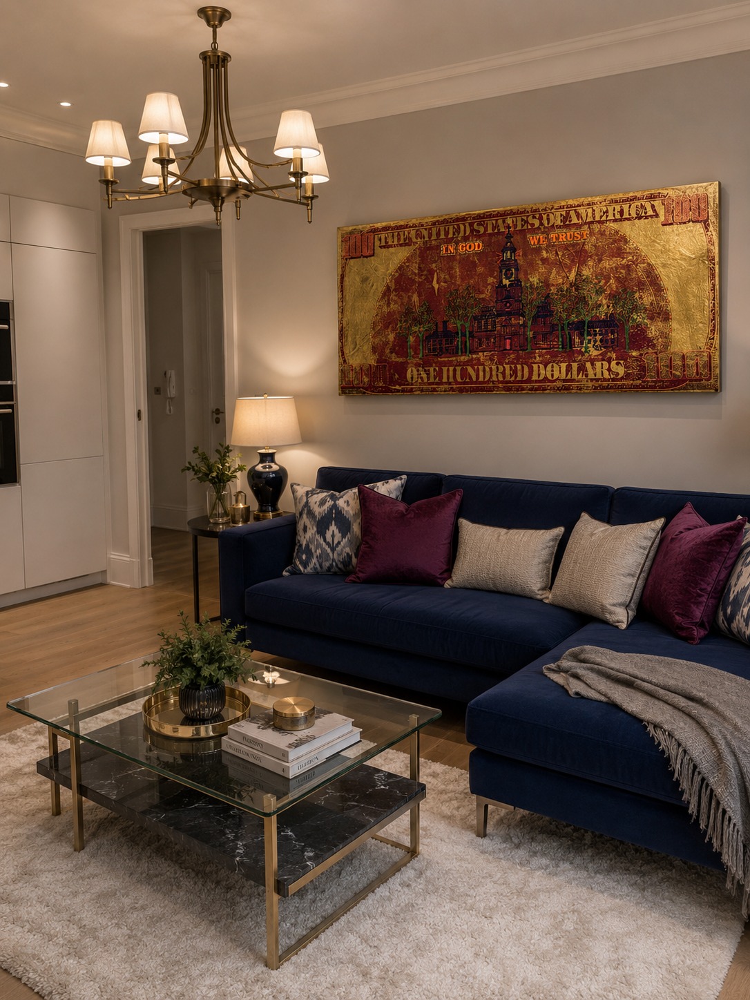 A gold and red painting above a navy velvet sofa