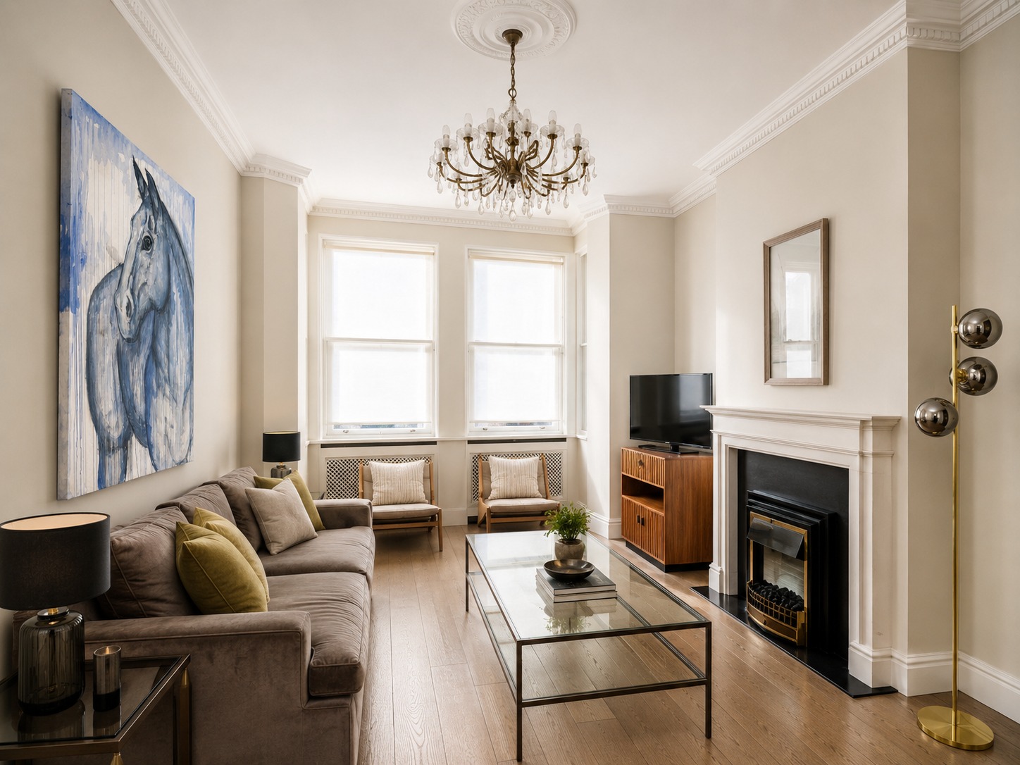 A blue horse painting in a Chelsea sitting room