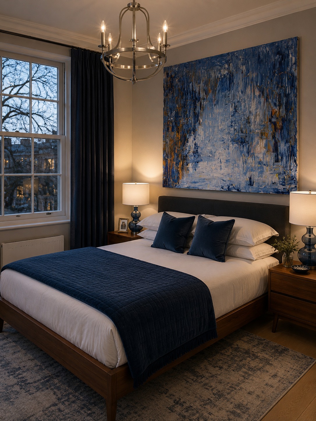 A blue abstract painting above a bed